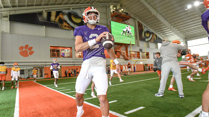 Clemson quarterback Cade Klubnik (2) during Spring Practice in Clemson, S.C. Monday, March 24, 2025.