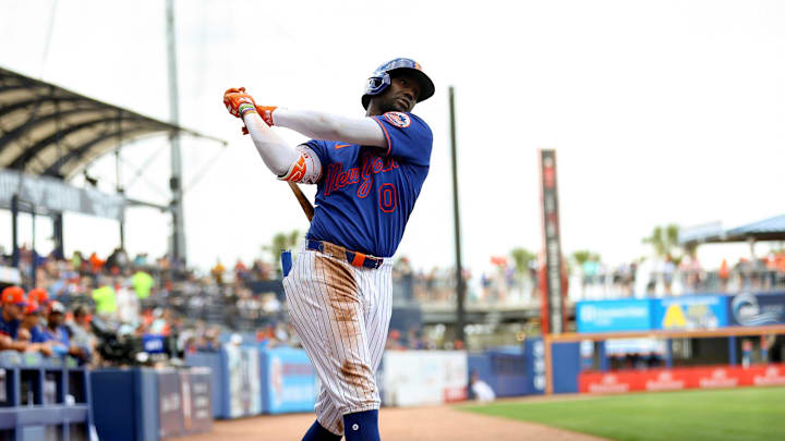 The New York Mets' Ronny Mauricio during the spring training home opening game against the Miami Marlins on Feb. 21, 2026, at Clover Park in Port St. Lucie. Marlins defeated the Mets 2-1.