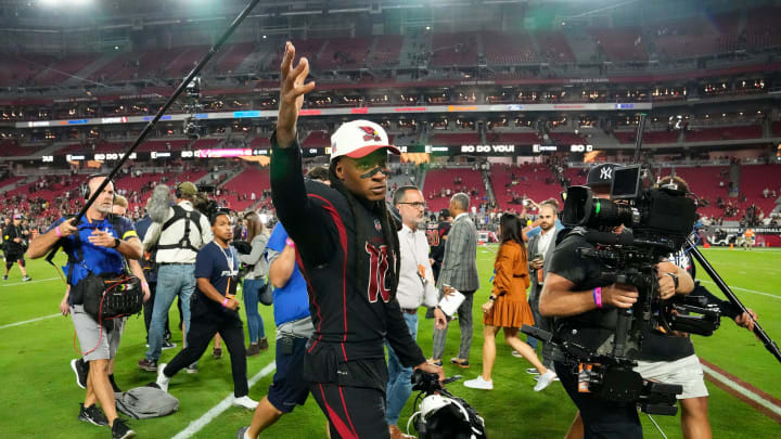 Arizona Cardinals wide receiver DeAndre Hopkins (10) reacts after their 42-34 win over the New