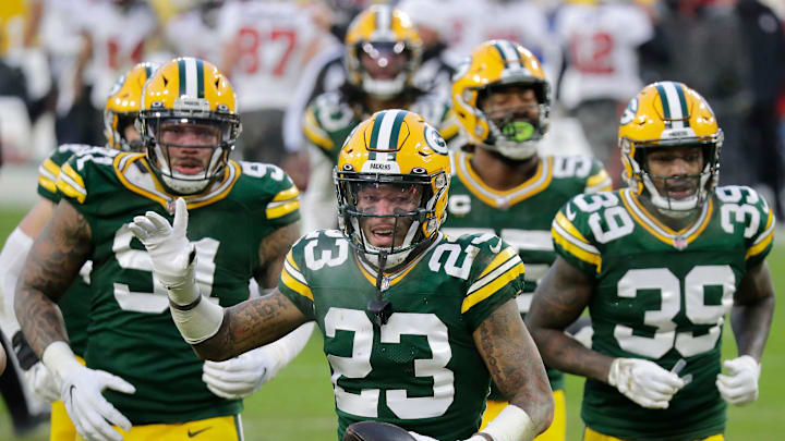 Green Bay Packers cornerback Jaire Alexander (23) celebrates a fourth quarter interception against the Tampa Bay Buccaneers during the NFC Championship game on Sunday, January 24, 2021, at Lambeau Field in Green Bay, Wis.
Wm. Glasheen USA TODAY NETWORK-Wisconsin