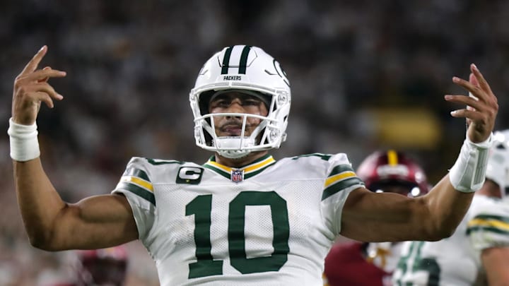 Sep 11, 2025; Green Bay, Wisconsin, USA; Green Bay Packers quarterback Jordan Love (10) against the Washington Commanders at Lambeau Field. Mandatory Credit: Wm. Glasheen-USA TODAY Network via Imagn Images
