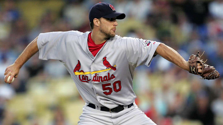 August 19, 2009; Los Angeles, CA, USA; St. Louis Cardinals starting pitcher Adam Wainwright (50) pitches in the first inning against the Los Angeles Dodgers at Dodger Stadium. Mandatory Credit: Gary A. Vasquez-Imagn Images