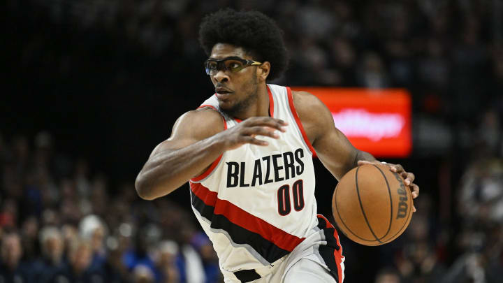 Apr 11, 2024; Portland, Oregon, USA; Portland Trail Blazers guard Scoot Henderson (00) drives to the basket during the second half against the Golden State Warriors at Moda Center. Mandatory Credit: Troy Wayrynen-USA TODAY Sports