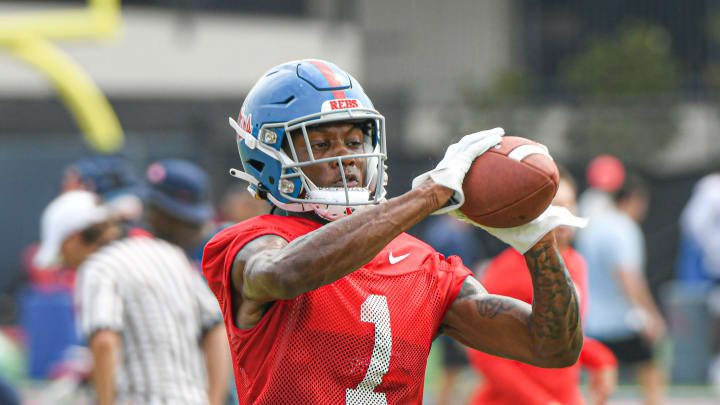 Ole Miss wide receiver Ayden Williams (1) catches a pass during football practice in Oxford, Miss. on Friday, Aug. 11, 2023.