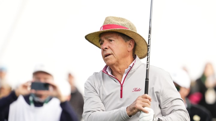 Former Alabama head football coach Nick Saban plays his tee shot on the 10th hole during the Annexus Pro-Am at the Waste Management Phoenix Open at TPC Scottsdale on Feb. 7, 2024.