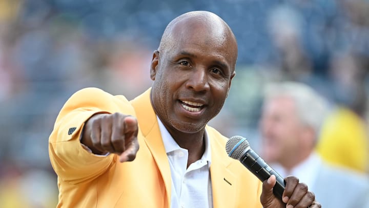 Aug 24, 2024; Pittsburgh, Pennsylvania, USA;  Barry Bonds addresses the fans after being inducted into the Pittsburgh Pirates Hall of Fame at PNC Park. Mandatory Credit: Philip G. Pavely-Imagn Images