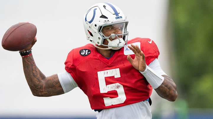 Indianapolis Colts quarterback Anthony Richardson Sr. (5) delivers a pass Monday, July 28, 2025, during training camp held at Grand Park in Westfield.