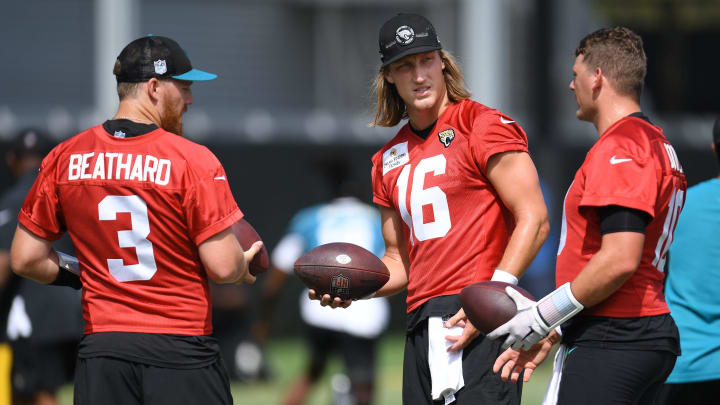 Jacksonville Jaguars QBs C.J. Beathard (3), Trevor Lawrence (16), and Mac Jones (10) during the organized team activity session Monday, June 3, 2024 at EverBank Stadium's Miller Electric Center in Jacksonville, Fla.
