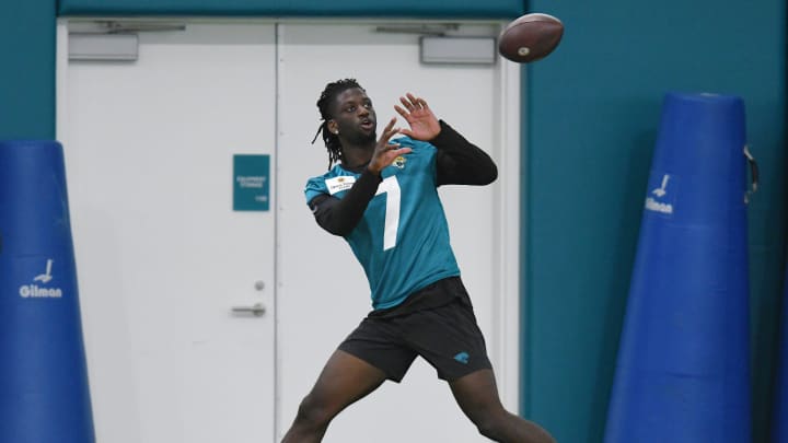 Jacksonville Jaguars wide receiver Brian Thomas (7) pulls in a pass during Friday's rookie minicamp session in Jacksonville, Florida Friday, May 10, 2024.