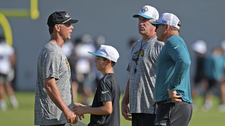 Jaguars general manager Trent Baalke talks with Jacksonville Jaguars head coach Doug Pederson and special teams coordinator Heath Farwell during the fourth day of the NFL football training camp practice session Saturday, July 27, 2024 at EverBank Stadium's Miller Electric Center in Jacksonville, Fla.