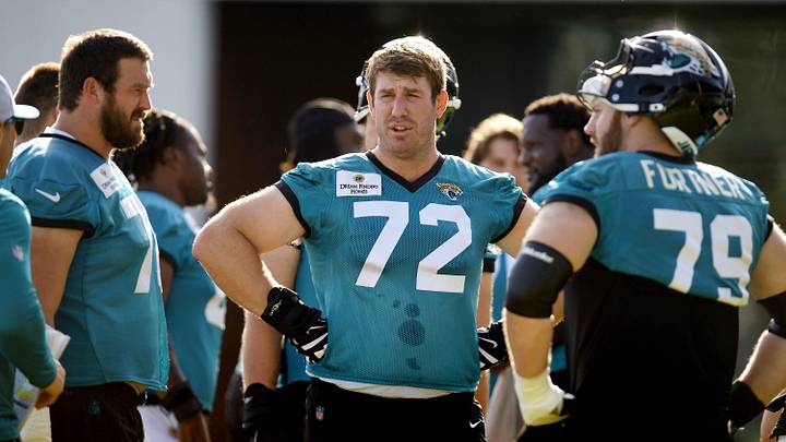 Jacksonville Jaguars guard Blake Hance (73), offensive tackle Walker Little (72), and center Luke Fortner (79) on the field during the fourth day of the NFL football training camp practice session Saturday, July 27, 2024 at EverBank Stadium's Miller Electric Center in Jacksonville, Fla. 
