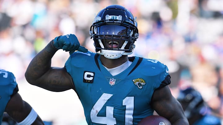 Jacksonville Jacksonville Jaguars linebacker Josh Allen (41) celebrates after he intercepted an errant pass from Buffalo Bills quarterback Josh Allen (17) during late third quarter action. The Jaguars were tied with the Bills 6 to 6 at the end of the first half and went on to win the game with a final score of 9 to 6. 