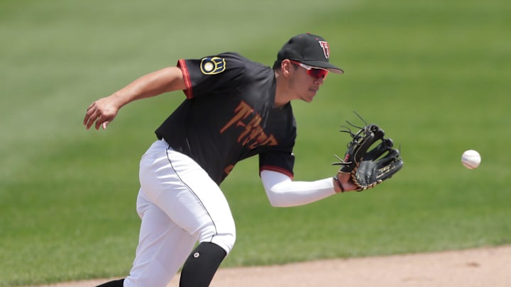 Wisconsin Timber Rattlers’ Jadher Areinamo (2) against the Beloit Sky Carp during their game on May 14, 2025, at Neuroscience Group Field at Fox Cities Stadium in Grand Chute, Wis.