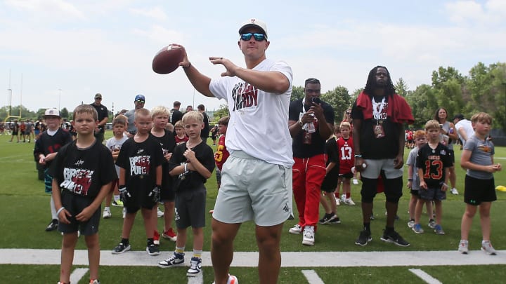 Former Iowa State quarterback and San Francisco 49ers quarterback Brock Purdy passes the ball during a drill at the Brock Purdy Youth Football camp at Jack Trice Stadium football practice field on Saturday, June 22, 2024, in Ames, Iowa