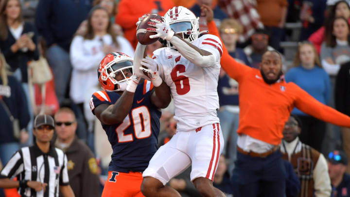 Oct 21, 2023; Champaign, Illinois, USA;  Wisconsin Badgers wide receiver Will Pauling (6) grabs a touchdown pass in front of Wisconsin Badgers defensive back Tyler Strain (20) during the second half at Memorial Stadium. Mandatory Credit: Ron Johnson-USA TODAY Sports