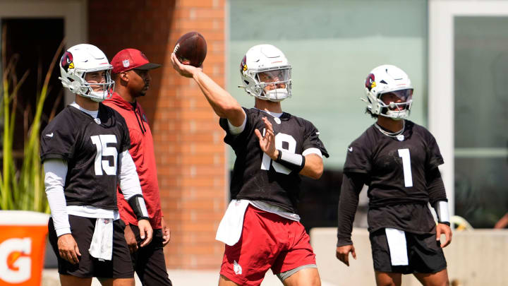 Arizona Cardinals quarterback Desmond Ridder (19) during practice at Dignity Health Arizona Cardinals Training Center in Tempe, Ariz., on Wednesday, Aug. 21, 2024.