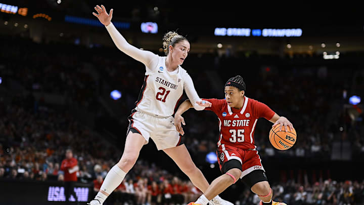 Mar 29, 2024; Portland, OR, USA; NC State Wolfpack guard Zoe Brooks (35) drives to the basket during the first half against Stanford Cardinal forward Brooke Demetre (21) in the semifinals of the Portland Regional of the 2024 NCAA Tournament at the Moda Center at the Moda Center. Mandatory Credit: Troy Wayrynen-Imagn Images