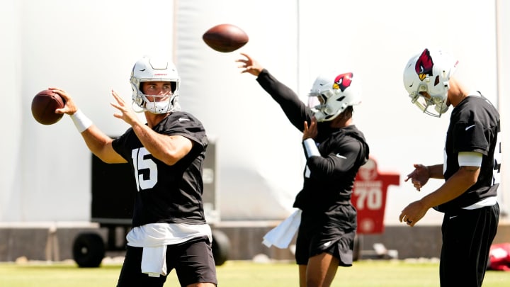 Arizona Cardinals quarterbacks Clayton Tune (15) and Kyler Murray (background) during minicamp at Dignity Health Training Center on June 11, 2024.