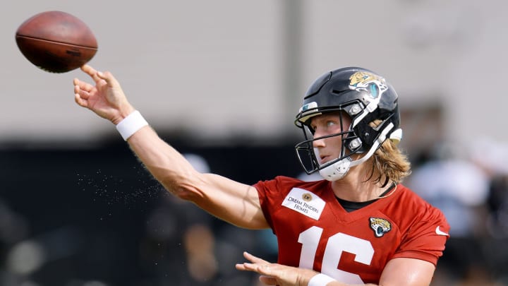 Jacksonville Jaguars quarterback Trevor Lawrence (16) throws a pass during the second day of an NFL football training camp practice session Thursday, July 25, 2024 at EverBank Stadium's Miller Electric Center in Jacksonville, Fla.