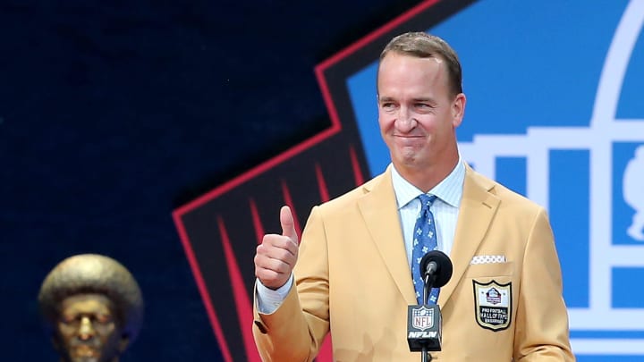 Peyton Manning was enshrined in the Pro Football Hall of Fame at Tom Benson Hall of Fame Stadium on Sunday, August 8, 2021. Manning was presented by father Archie Manning.