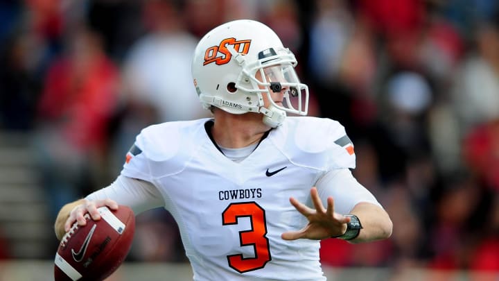 Nov 12, 2011; Lubbock, TX, USA; Oklahoma State Cowboys quarterback Brandon Weeden (3) against the Texas Tech Red Raiders at Jones AT&T Stadium. Mandatory Credit: Andrew Weber-USA TODAY Sports