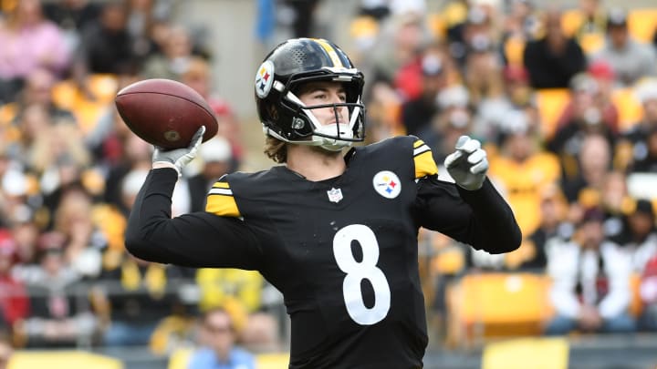 Dec 3, 2023; Pittsburgh, Pennsylvania, USA; Pittsburgh Steelers quarterback Kenny Pickett (8) passes the ball against the Arizona Cardinals during the second quarter at Acrisure Stadium. Mandatory Credit: Philip G. Pavely-USA TODAY Sports