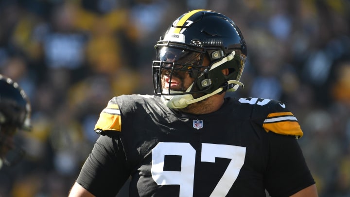 Nov 12, 2023; Pittsburgh, Pennsylvania, USA;  Pittsburgh Steelers defensive tackle Cameron Heyward (97) in between plays against the Green Bay Packers at Acrisure Stadium. Mandatory Credit: Philip G. Pavely-USA TODAY Sports