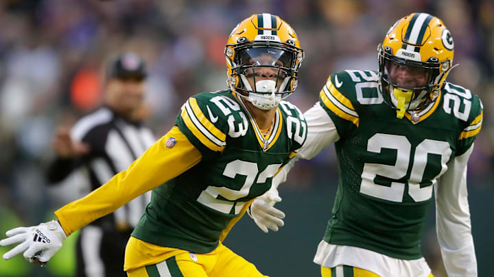 Green Bay Packers cornerback Jaire Alexander (23) and safety Rudy Ford (20) celebrate after breaking up a pass play against the Minnesota Vikings during their football game on Sunday, January, 1, 2023 at Lambeau Field in Green Bay, Wis. 
Wm. Glasheen USA TODAY NETWORK-Wisconsin
