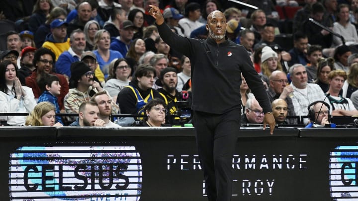 Apr 11, 2024; Portland, Oregon, USA; Portland Trail Blazers head coach Chauncey Billups directs players during the second half against the Golden State Warriors at Moda Center. Mandatory Credit: Troy Wayrynen-USA TODAY Sports