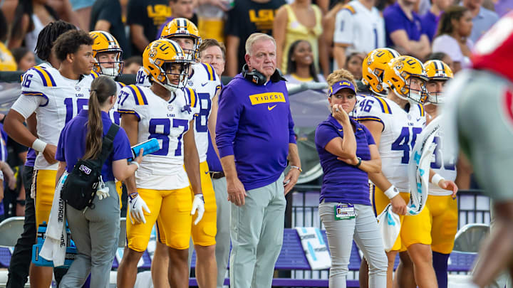 Head Coach Brian Kelly as the LSU Tigers take on the Nicholls Colonels at Tiger Stadium in Baton Rouge, LA. Saturday, Sept. 7, 2024.