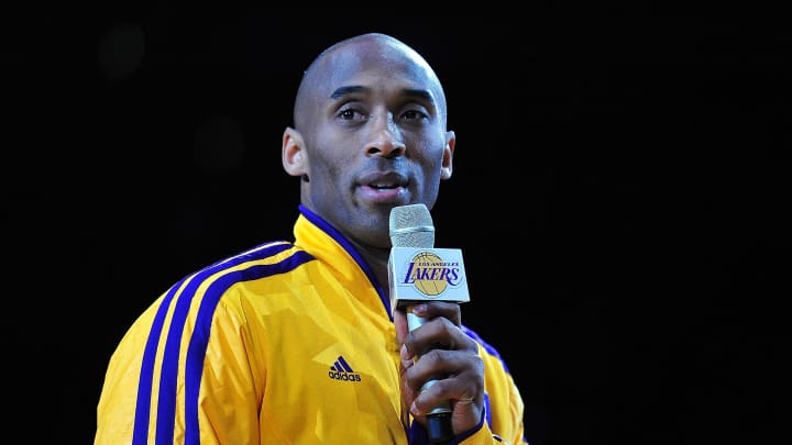 February 20, 2013; Los Angeles, CA, USA; Los Angeles Lakers shooting guard Kobe Bryant (24) speaks about recently deceased owner Jerry Buss before playing against the Boston Celtics at Staples Center. Mandatory Credit: Gary A. Vasquez-USA TODAY Sports