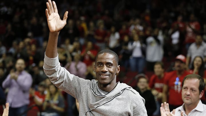 Nov 19, 2016; Houston, TX, USA; Former Houston Rockets Vernon Maxwell waves to the fans before the start of the fourth quarter of the game between the Rockets vs Utah Jazz at Toyota Center. Rockets won 111-102. Mandatory Credit: Thomas B. Shea-USA TODAY Sports