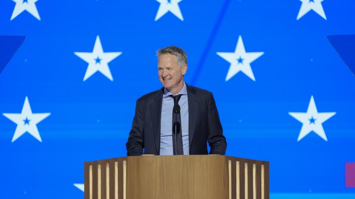 Aug 19, 2024; Chicago, IL, USA; Steve Kerr, Team USA Men’s Basketball coach and Golden State Warriors coach speaks during the first day of the Democratic National Convention at the United Center. The DNC program will feature President Joe Biden and Former Secretary of State Hillary Clinton during Monday's ceremonies. Mandatory Credit: Jasper Colt-USA TODAY