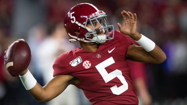 Alabama quarterback Taulia Tagovailoa (5) before the Alabama vs. Tennessee game at Bryant Denny Stadium in Tuscaloosa, Ala., on Saturday October 19, 2019.

Taulia702