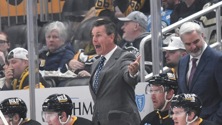 Nov 16, 2023; Pittsburgh, Pennsylvania, USA; Pittsburgh head coach Mike Sullivan voices his displeasure over a call against the New Jersey Devils during the first period at PPG Paints Arena. Mandatory Credit: Philip G. Pavely-USA TODAY Sports