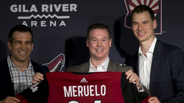 Coyotes President Ahron Cohen (left) owner Alex Meruelo (center) and GM John Chayka (right) speak with the media at a press conference announcing Meruelo's new ownership of the Coyotes at Gila River Arena in Glendale, Ariz. on July 31, 2019.

Third Eye Blind July 31 2019