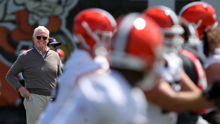 Browns owner Jimmy Haslam watches a minicamp practice, Tuesday, June 11, 2024, in Berea.