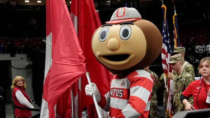 Nov 6, 2023; Columbus, OH, USA; Ohio State Buckeyes mascot Brutus Buckeye prepares to lead the team onto the court prior to the NCAA men   s basketball game against the Oakland Golden Grizzlies at Value City Arena. Ohio State won 79-73.