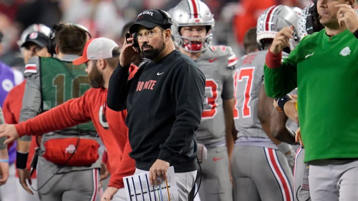 Nov 11, 2023; Columbus, Ohio, USA; Ohio State head coach Ryan Day watches the team during the NCAA football game against Michigan State University at Ohio Stadium.