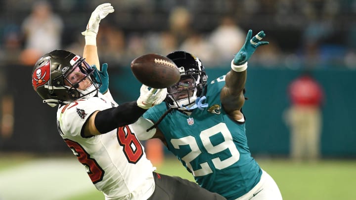 Jacksonville Jaguars cornerback Tevaughn Campbell (29) breaks up a fourth quarter pass to Tampa Bay Buccaneers wide receiver Cody Thompson (83). The Jacksonville Jaguars hosted the Tampa Bay Buccaneers at EverBank Stadium for the Jaguars second preseason game of the season Saturday, August 17, 2024. The Jaguars came away with a 20 to 7 victory over the Buccaneers. [Bob Self/Florida Times-Union]