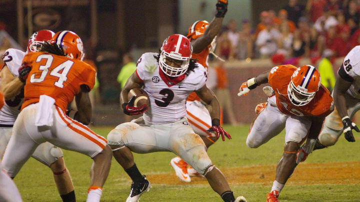 Aug 31, 2013; Clemson, SC, USA; Georgia Bulldogs running back Todd Gurley (3) carries the ball during the fourth quarter against the Clemson Tigers at Clemson Memorial Stadium. Tigers won 38-35. Mandatory Credit: Joshua S. Kelly-USA TODAY Sports