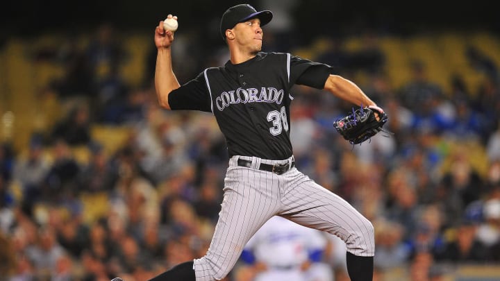 Colorado Rockies starting pitcher Ubaldo Jimenez (38) pitches in the eighth inning against the Los Angeles Dodgers at Dodger Stadium on June 1.