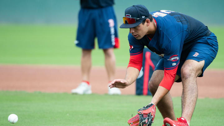 Greenville Drive's Nick Yorke fields a ball during practice at Fluor Field on Wednesday