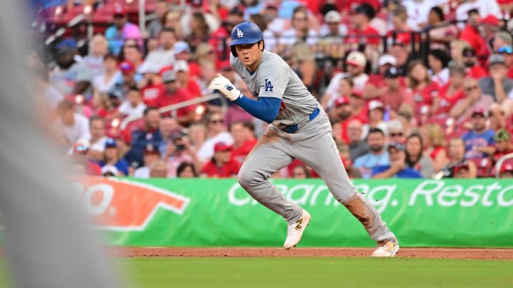 Los Angeles Dodgers two-way player Shohei Ohtani (17) steals second base against the St. Louis Cardinals in the second inning at Busch Stadium on Aug 17.