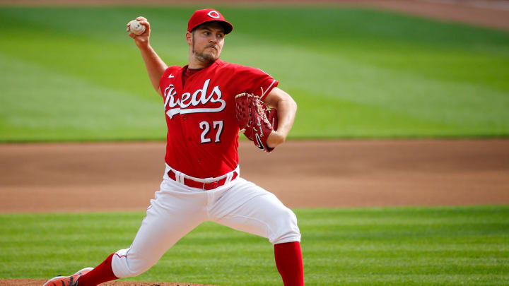 Cincinnati Reds starting pitcher Trevor Bauer (27) delivers the ball in the day baseball game against Pittsburgh Pirates  on Monday, Sept. 14, 2020, at Great American Ball Park in Cincinnati. Reds won 3-1.