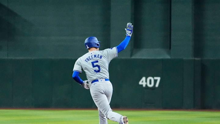 Los Angeles Dodgers Freddie Freeman (5) hits a two-run home run off Arizona Diamondbacks pitcher Slade Cecconi (43) in the eighth inning at Chase Field on Sept. 2, 2024, in Phoenix.