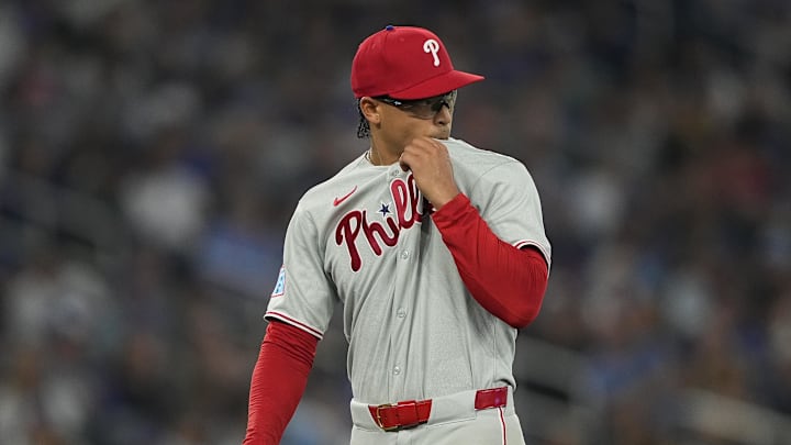 Toronto, Ontario, CAN; Philadelphia Phillies starting pitcher Jesus Luzardo (44) comes out of the game in the third inning after giving up four runs to the Toronto Blue Jays at Rogers Centre. Toronto, Ontario, CAN; Philadelphia Phillies starting pitcher Jesus Luzardo (44) comes out of the game in the third inning after giving up four runs to the Toronto Blue Jays at Rogers Centre.