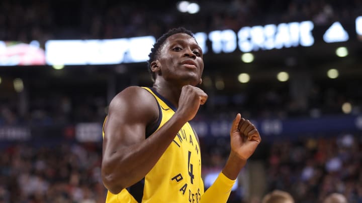 Dec 1, 2017; Toronto, Ontario, CAN; Indiana Pacers guard Victor Oladipo (4) reacts against the Toronto Raptors at Air Canada Centre. The Raptors beat the Pacers 120-115. Mandatory Credit: Tom Szczerbowski-USA TODAY Sports