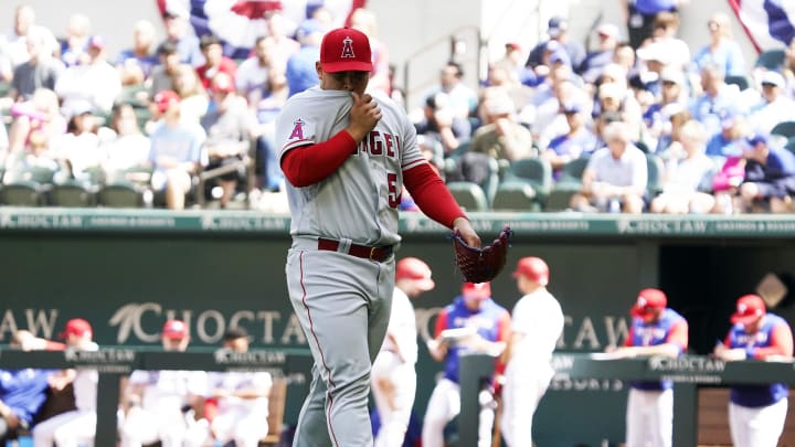 Apr 17, 2022; Arlington, Texas, USA; Los Angeles Angels starting pitcher Jose Suarez (54) walks off the field as he leaves the game in the fifth inning against the Texas Rangers at Globe Life Field. Mandatory Credit: Raymond Carlin III-USA TODAY Sports