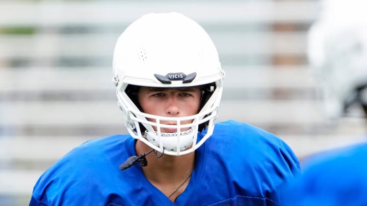 Aug 4, 2022; Findlay, OH, USA; Findlay quarterback Ryan Montgomery looks to throw the ball during practice at Findlay High School on August 4, 2022. Ryan's brother Luke is an offensive linemen committed to Ohio State.